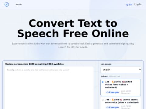 Screenshot of the homepage of texttospeech.im