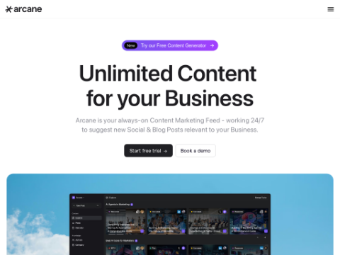 Screenshot of the homepage of tryarcane.com