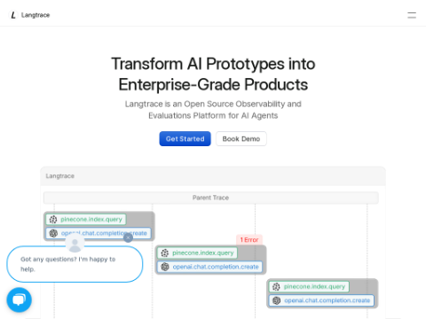 Screenshot of the homepage of www.langtrace.ai