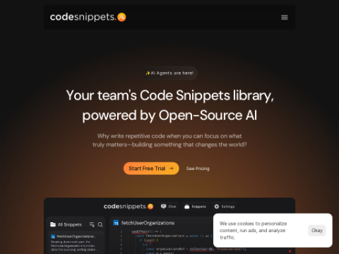 Screenshot of the homepage of codesnippets.ai