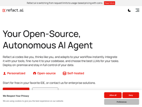 Screenshot of the homepage of refact.ai