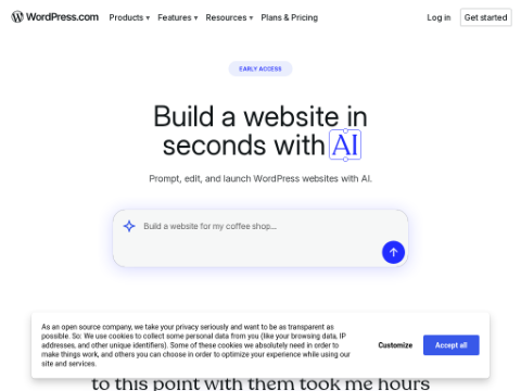Screenshot of the homepage of wordpress.com