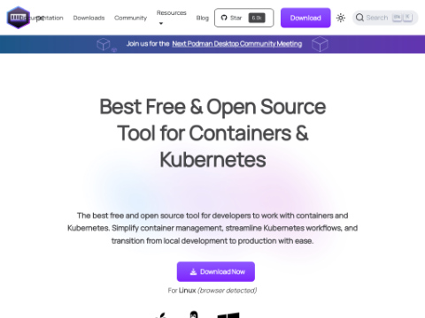 Screenshot of the homepage of podman-desktop.io