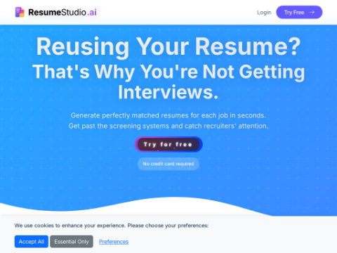 Screenshot of the homepage of resumestudio.ai