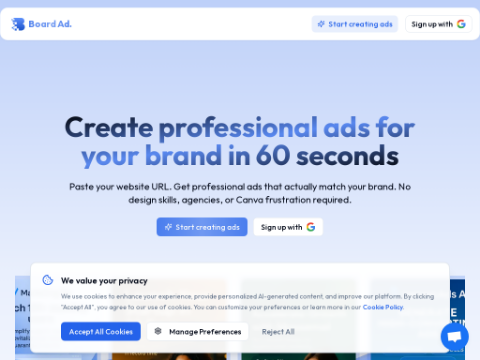 Screenshot of the homepage of www.board.ad