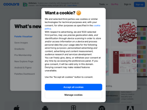 Screenshot of the homepage of coolors.co