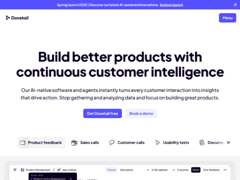Screenshot of the homepage of dovetail.com