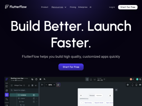 Screenshot of the homepage of www.flutterflow.io