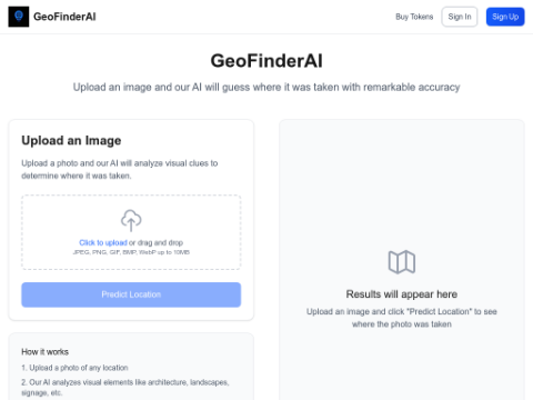 Screenshot of the homepage of geofinderai.com