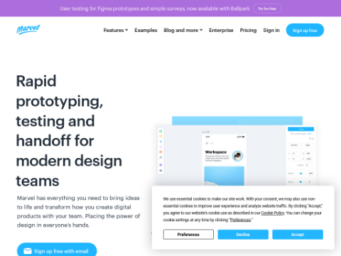 Screenshot of the homepage of marvelapp.com