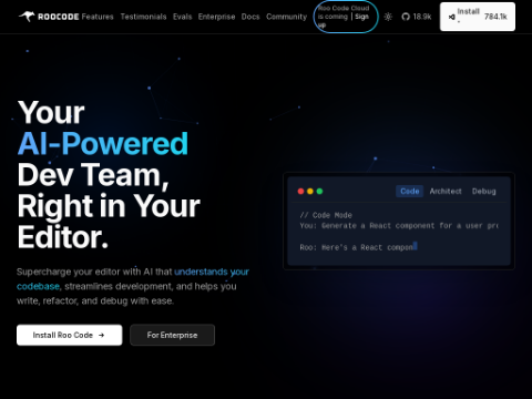 Screenshot of the homepage of roocode.com