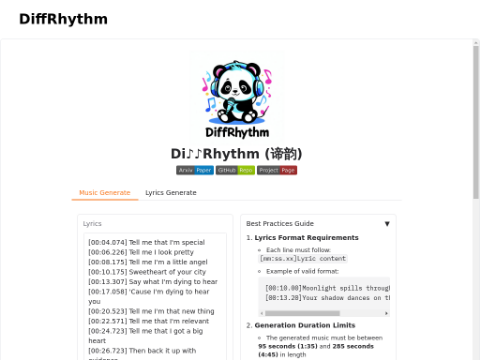 Screenshot of the homepage of diffrhythm.us