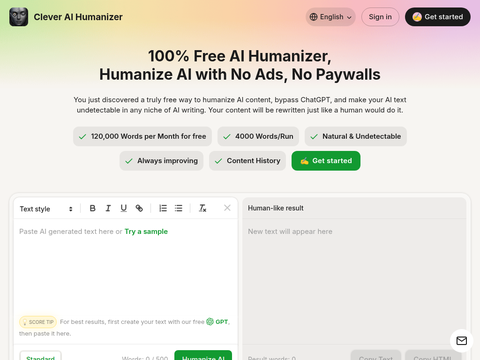 Screenshot of the homepage of aihumanizer.net