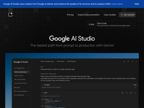 Screenshot of the homepage of aistudio.google.com