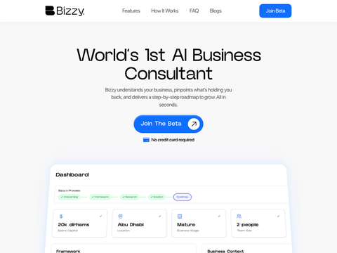 Screenshot of the homepage of www.bizzyai.co