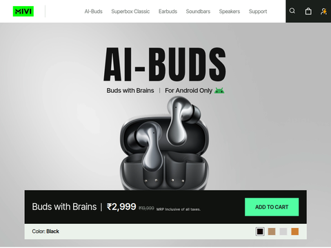 Screenshot of the homepage of www.mivi.in