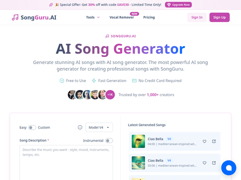 Screenshot of the homepage of songguru.ai