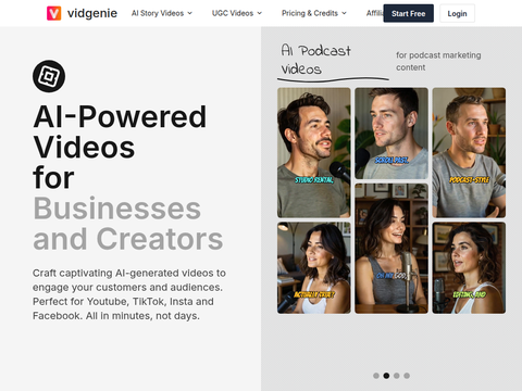Screenshot of the homepage of vidgenie.ai
