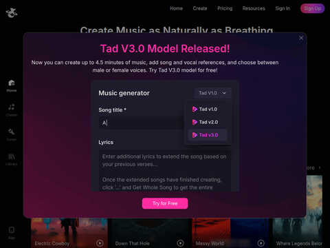 Screenshot of the homepage of tad.ai