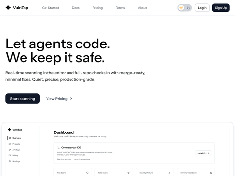 Screenshot of the homepage of vulnzap.com